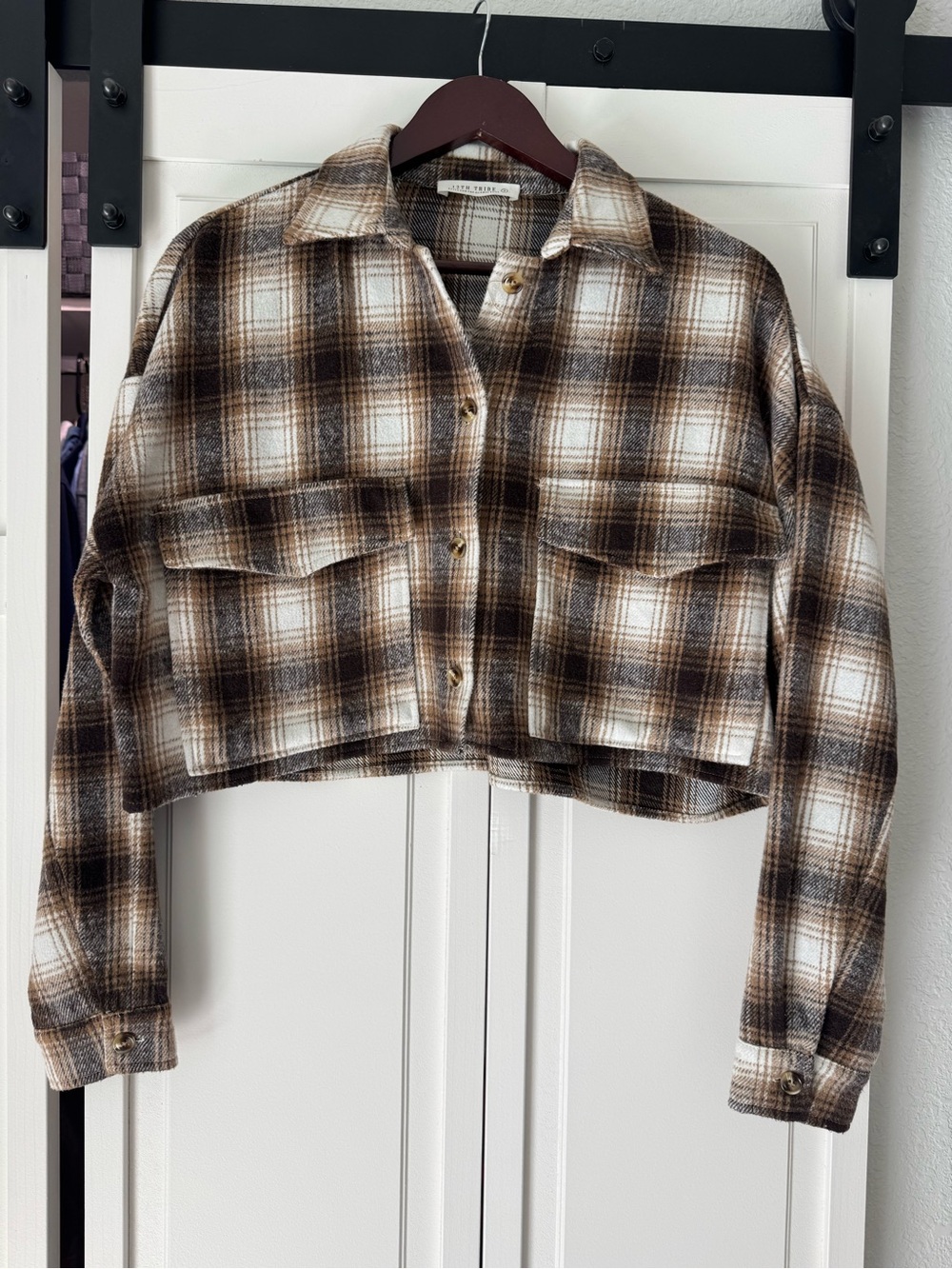 12th Tribe Cropped Plaid Shacket Jacket Brown Cream Size Small